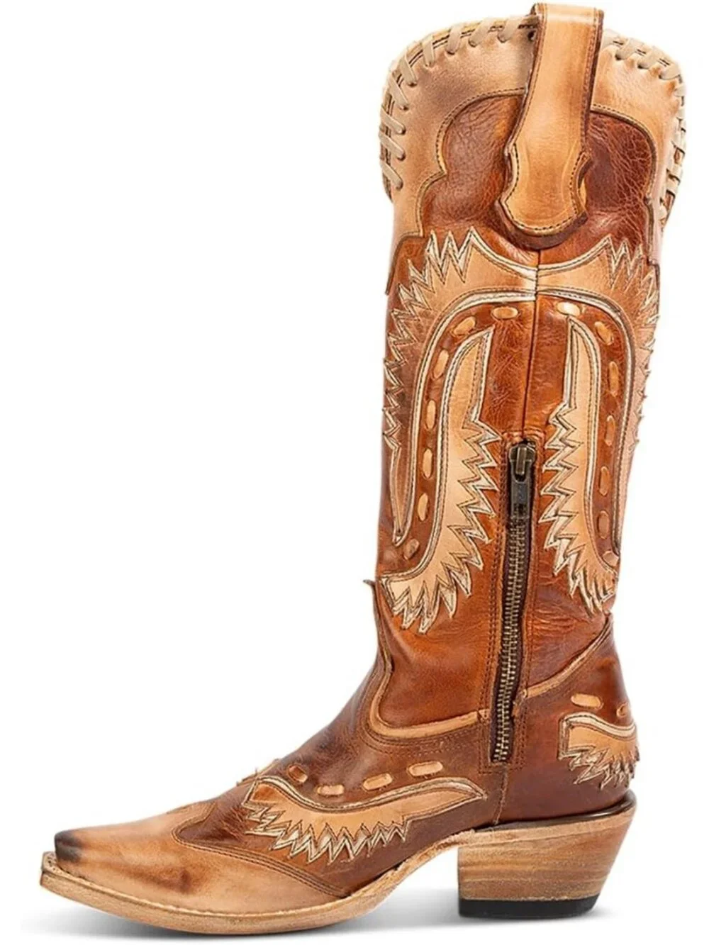Women's Brown Swallow Floral Embroidered  Chunky Low Heels Western Cowboy Knee